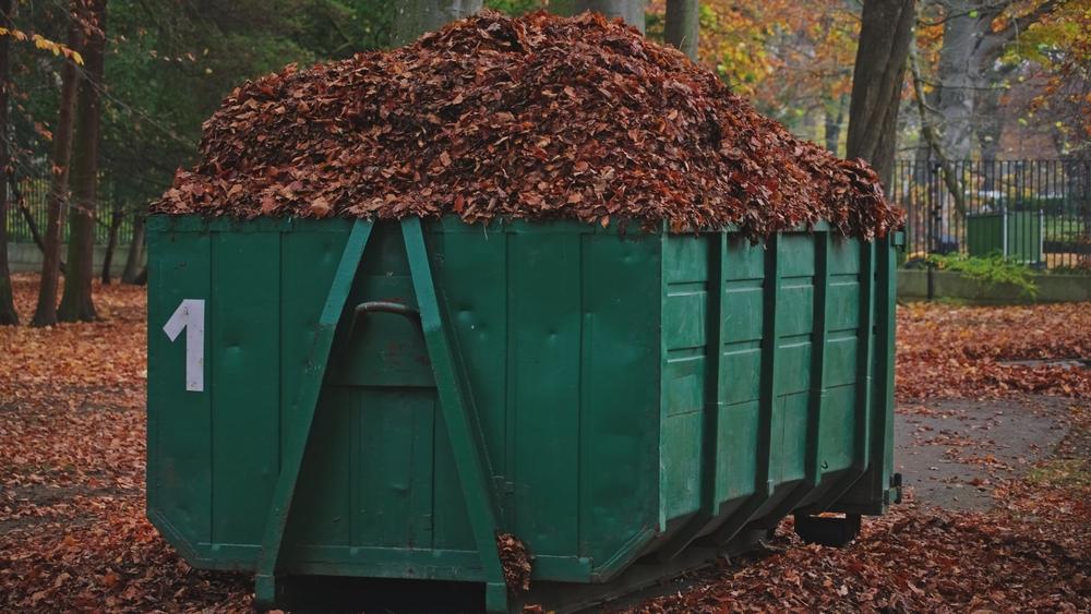 Large,Dumpster,Container,Full,Of,Withered,Autumn,Leaves,Collected,In